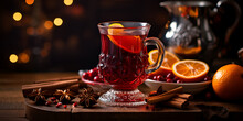 Mulled Wine With Orange And Cinnamon Christmas Grapefruit And Spices On A Wooden Table With Burning Candles.