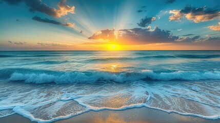 Colorful ocean beach sunrise with deep blue sky and sun rays.