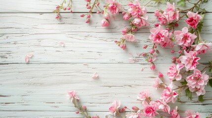 Canvas Print - Flowers composition for Valentine's, Mother's or Women's Day. Pink flowers on old white wooden background. Still-life.