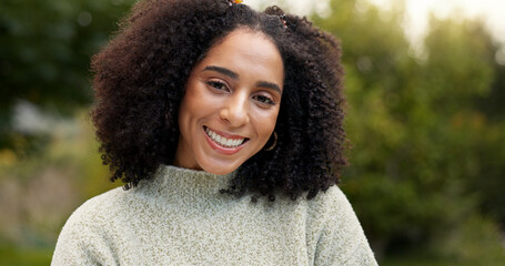 Sticker - Face, smile and woman outdoor in nature on vacation, holiday or trip. Portrait, happy and female person from South Africa with positive mindset, joy or confidence for freedom to relax in summer alone