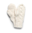 Pair of warm knitted mittens on white background