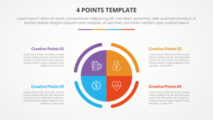 4 points stage list template infographic concept for slide presentation with big circle piechart center with outline sliced with flat style