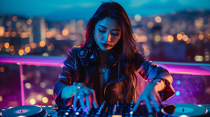 Wall Mural - An elegant woman DJ with a magnetic presence, commanding the rooftop stage with grace
