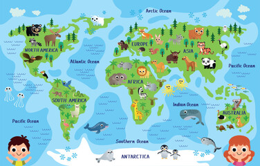 childrens world map with animals. charming map for kids with different countries, continents and the