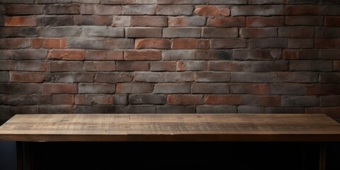 Wall Mural - Installation or product demonstration: Empty brown wooden table and old black brick wall blur background.