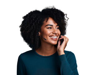 Wall Mural - Portrait of a smiling African American woman wearing headset, isolated on transparent background