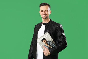 Sticker - Handsome man with magazine on green background