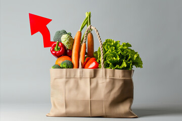 Wall Mural - A shopping bag of groceries with a red inflation arrow. Rising cost of food