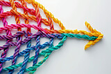 Fototapeta  - A group of colorful ropes coming together to form a direction arrow. Teamwork concept