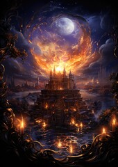 Wall Mural - castle moon landscape dreamy fantasy mystery tarot illustration art tattoo poster card night