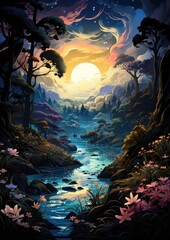 Wall Mural - moon landscape dreamy fantasy mystery tarot illustration art tattoo poster card night