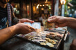 A tourist effortlessly paying for souvenirs using a foreign currency card with dynamic currency conversion, illustrating the convenience of digital payments during travel. Generative Ai.