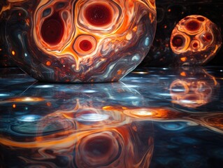 Poster - A painting of a ball with a red and orange design. Generative AI.