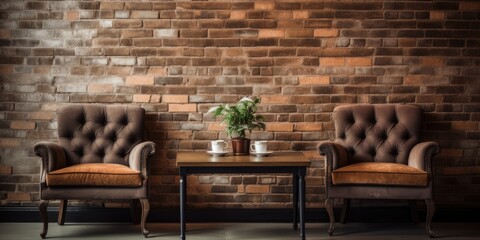 Wall Mural - Cafe with brick wall backdrop and vintage sofa set.