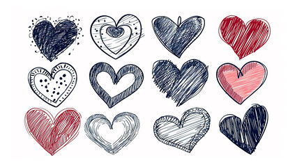 Wall Mural - Heart doodles set. Hand drawn hearts collection. Romance and love illustrations in red and blue colors.