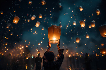 Poster - A close-up of hands releasing paper lanterns into the night, creating a mesmerizing display of floating lights to welcome the New Year. Generative Ai.