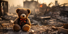 A Cute Brown Teddy Bear Is Sitting On The Grass Teddy Bear Sitting On A Pile Of Rubble Representing The Loss. Kids Teddy Bear Toy Over City Burned Destruction Of An Aftermath War Conflict.