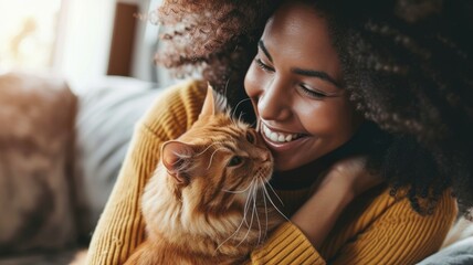 Wall Mural - happy people at home with favorite pet , love and friendship of human and animal pragma