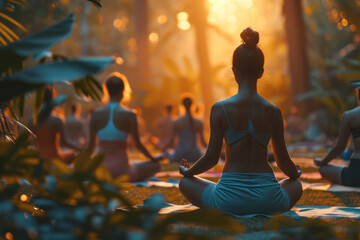 Sticker - A group practicing gentle yoga in a serene setting, focusing on movement and breath. Concept of yoga and physical mindfulness. Generative Ai.