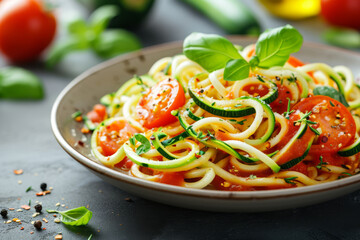 Zucchini noodles as a low-carb alternative to traditional pasta, served with a fresh tomato sauce. Concept of healthy substitutions in favorite dishes. Generative Ai.