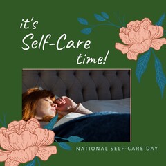 Wall Mural - Composition of it's self-care time text over caucasian woman sleeping in bed on green background