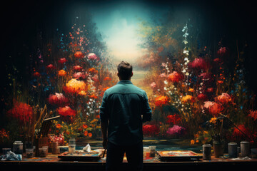 Wall Mural - a creative artist painting on a canvas, representing the expressive and imaginative nature of artist