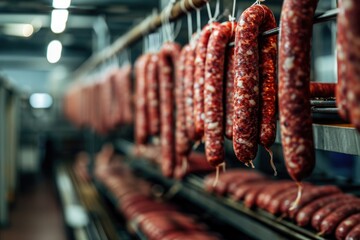 Wall Mural - Sausages on drying racks in an industrial setting.