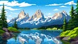 © chesleatsz - cartoon illustration tranquil natural landscape with mountains, lake, trees, and sky.
