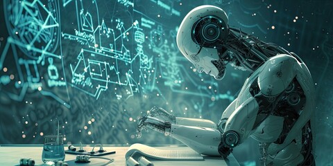 Wall Mural - robot artificial intelligence glowing blue data
