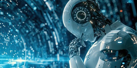 Wall Mural - artificial intelligence robot writer with large language model and machine learning data swirling in the background