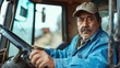 Portrait of confident senior hispanic male farmer driving farm tractor in sunny day