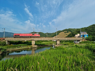 Canvas Print - A rural scene with a red train crossing a bridge.