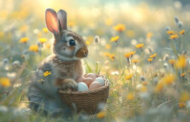 Canvas Print - rabbit holding a basket full of eggs in front of a field of flowers