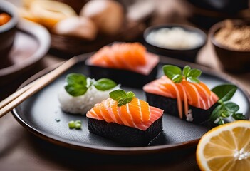 AI generated illustration of a black plate topped with different types of food