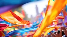 Closeup Of A Sea Of Colorful Flags Fluttering In The Breeze At A Cultural Parade.