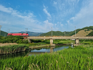 Canvas Print - A rural scene with a red train crossing a bridge.