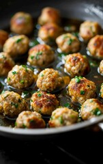 Wall Mural - A delicious pan of frying minced meatballs with seasonings. 