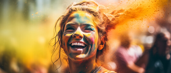 Wall Mural - Enjoying Holi festival a woman's face shows happiness with paint