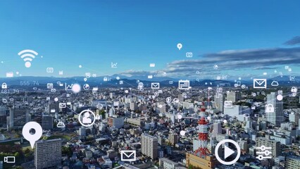 Aufkleber - Modern city drone point of view and digital technology concept. Smart city. Internet of Things. IoT. 