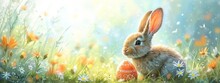 An Enchanting Artwork Featuring A Brown Rabbit In A Vibrant Field Of Wildflowers And Easter Eggs, Bathed In Sunlight.
