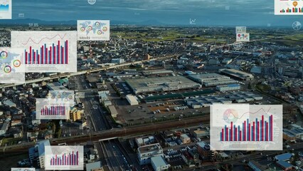 Poster - Modern city drone point of view and statistics data concept. Management strategy. Financial technology.