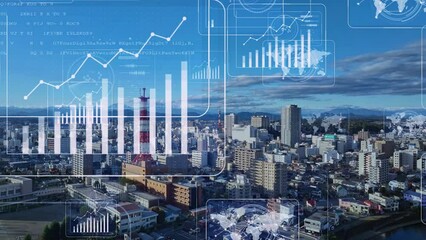 Poster - Modern city drone point of view and digital technology concept. Smart city. Internet of Things. IoT. 