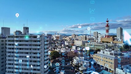 Leinwandbilder - Modern city drone point of view and digital technology concept. Smart city. Internet of Things. IoT. 