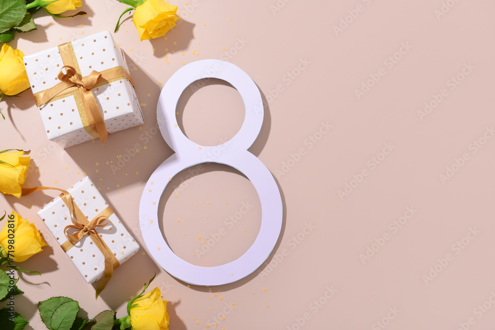Figure 8 with gift boxes and beautiful yellow roses on pink background. International Women's Day