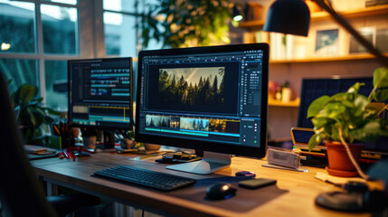 The Freelance desktop with laptop computer and monitor review for editor work with content video