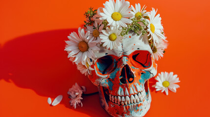 The white daisies on bright-colored skull with flowers on an isolated background