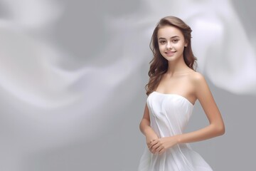 Wall Mural - 3D-rendered masterpiece, a young woman dons a white dress, her beaming smile adding a delightful touch to the composition against a pure grey canvas. Generative AI.