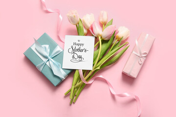 Sticker - Card with text HAPPY MOTHER'S DAY, gift boxes and tulip flowers on pink background