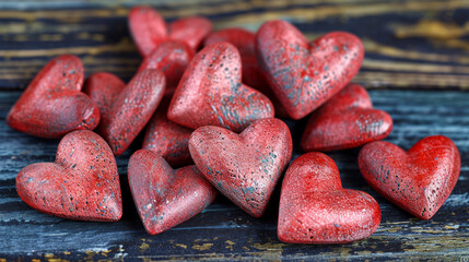 Wall Mural - red hearts on wooden background