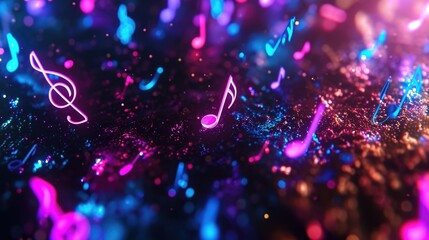 Wall Mural - in a sea of darkness neon music notes create a brilliant burst of color and sound.